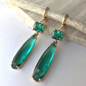 Emerald Glass Long drop prong set stone Earrings